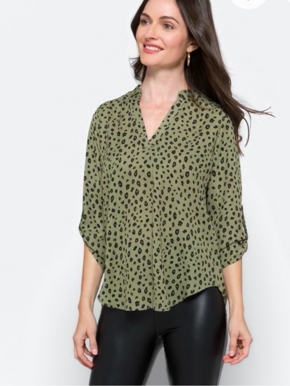 Lush - Olive Green Leopard Print V-Neck Blouse